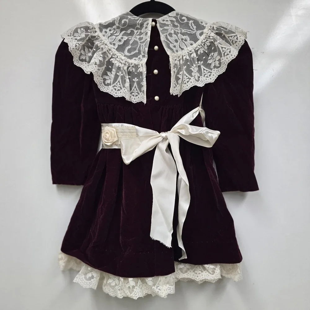 Vintage Sarah Kent Victorian Maroon Ivory Velvet Dress Lace‎ Girls Size 6 Bow